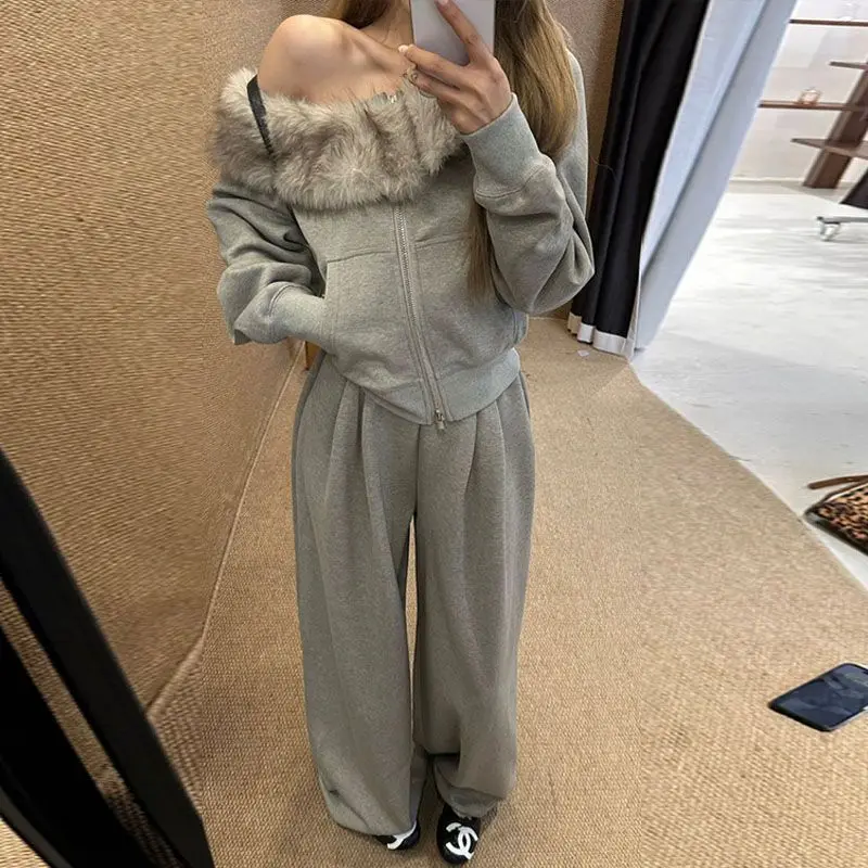 Autumn and Winter High-end Wear Female American Spice Girl Wind Slanted Shoulder Fur Collar Jacket