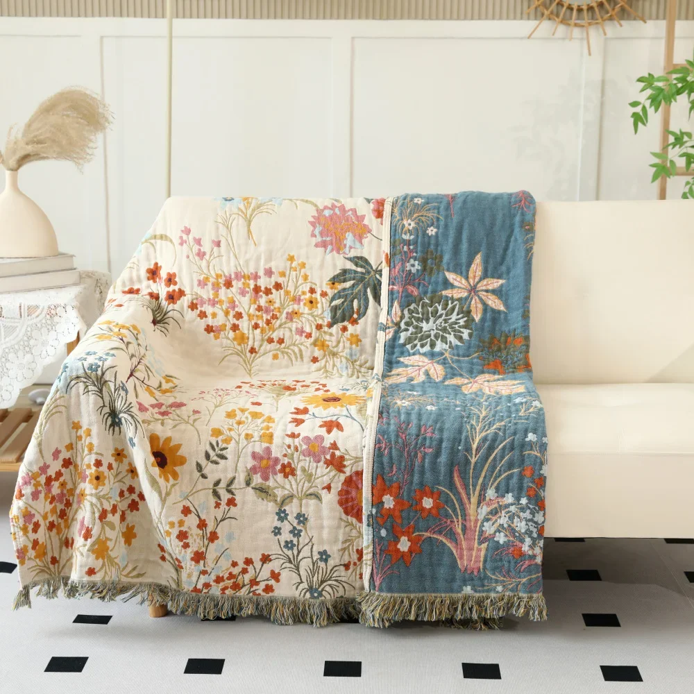 Floral Pattern Sofa Cover AB Side Cotton Gauze Tassel Towelling Coverlet For Decorate Living Room Sofa Bed Cover Blanket 230*250