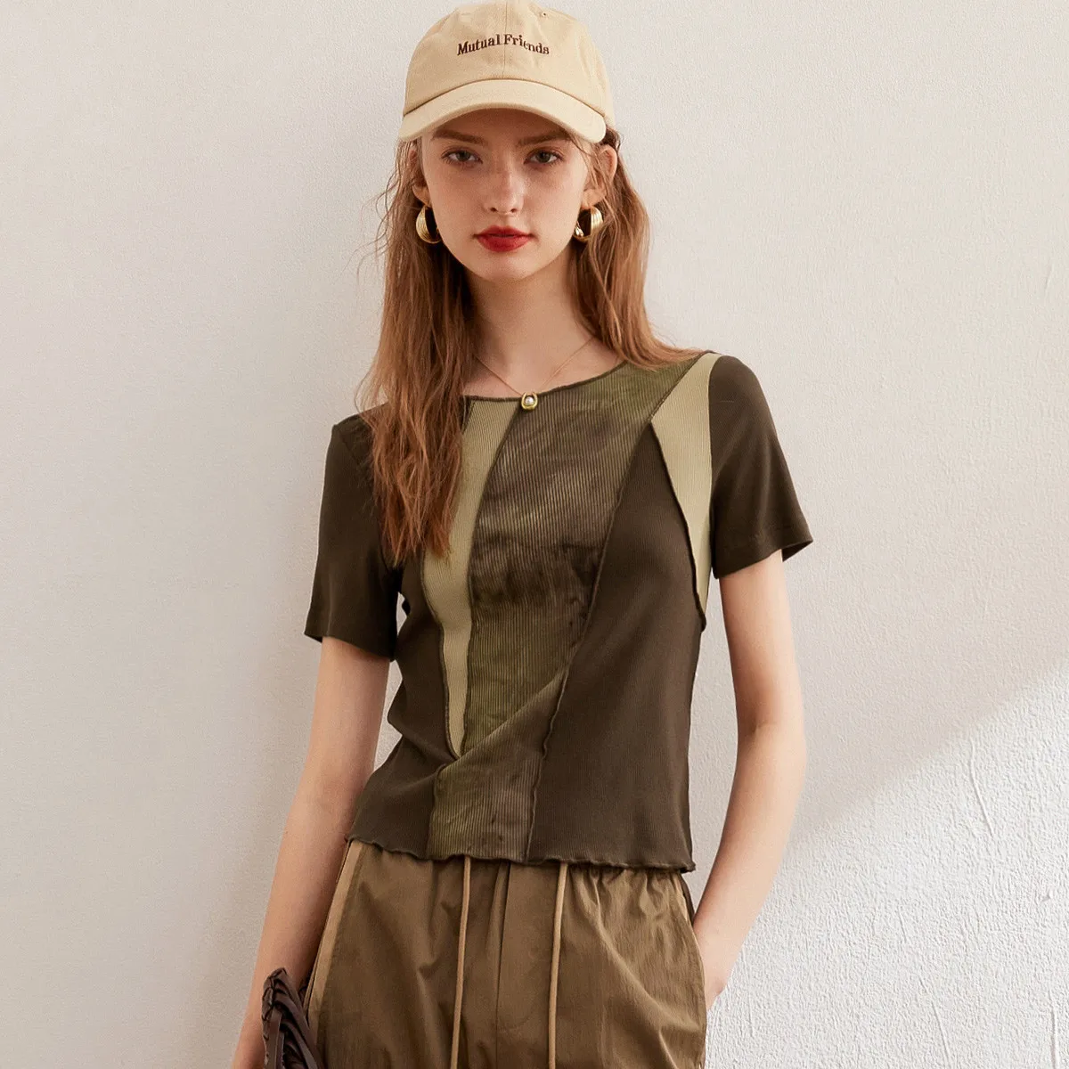 LOUISYAO Elegant Splicing Patchwork T-Shirt Women 2025 Summer Round Neck Slim Short Sleeve Casual Office Lady Tops