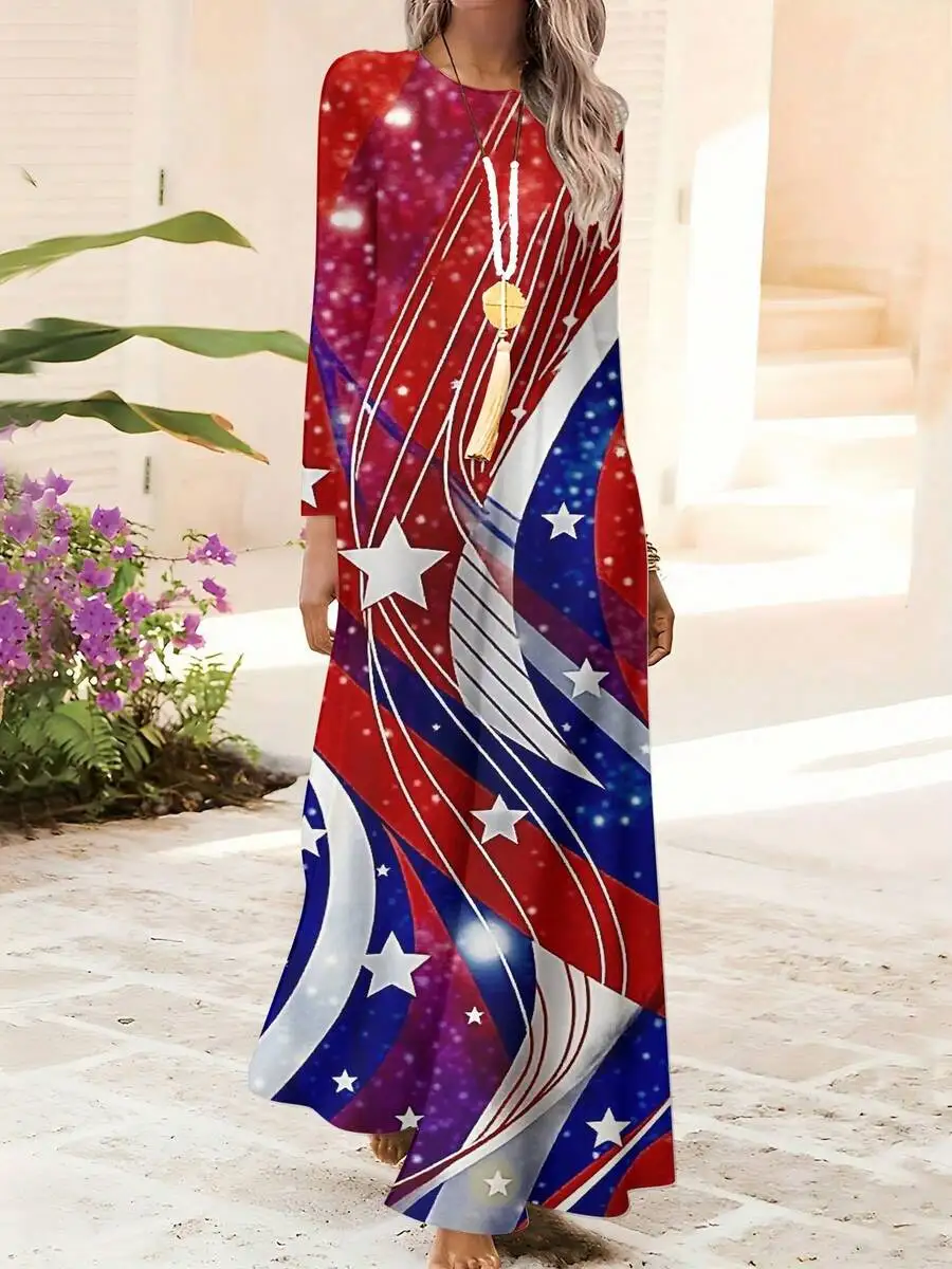 

Womens Maxi Dress Red White Blue Stars Stripes Pattern Round Neck Long Sleeve Floor Length Casual