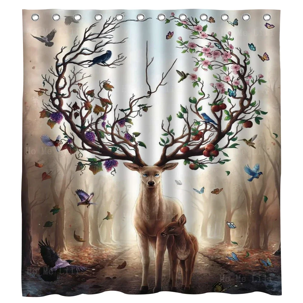 Deer With Blossoming Antlers Tree Dream Forest Animal Seasons Art Fantasy Elk Abstract Bathroom Decor Shower Curtain