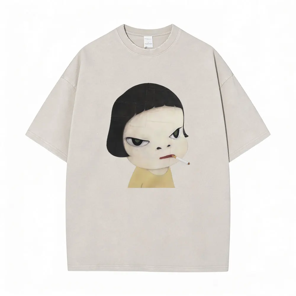 

Washed Vintage Yoshitomo Nara Smoking Graphic T-shirt Men Women Casual Funny T Shirt Male Cotton Oversized Short Sleeve T-shirts