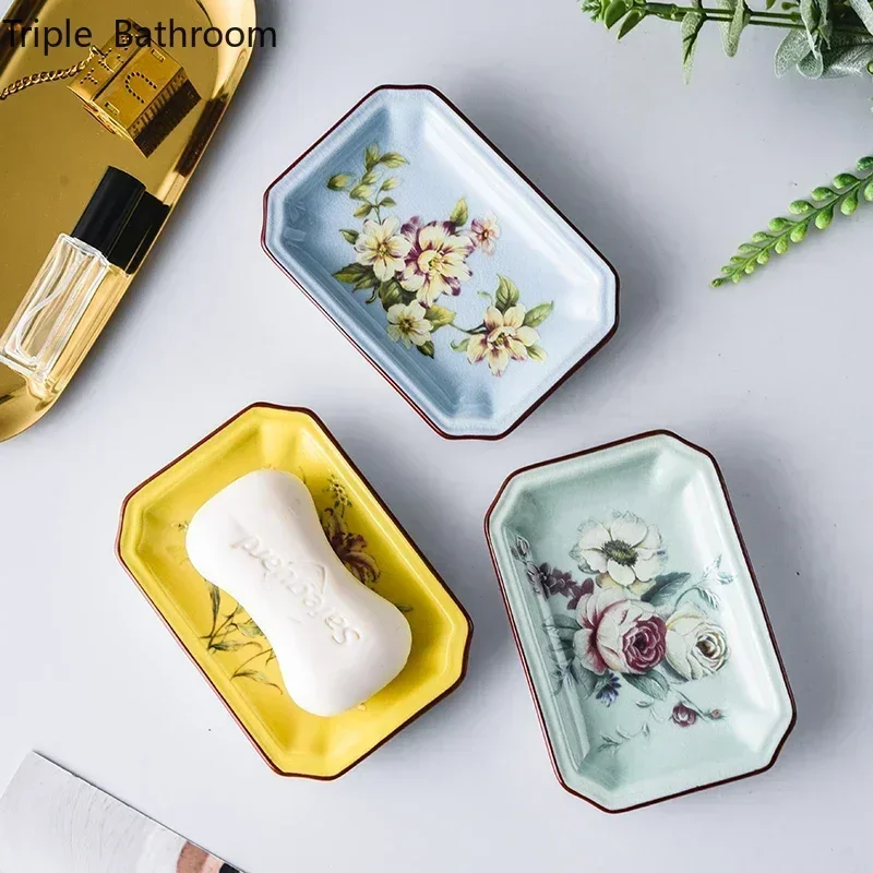 1pc European Flower Pattern Ceramics Soap Dish Soap Packaging Boxes Household Bathroom Storage Supplies Restroom Shower Supplies