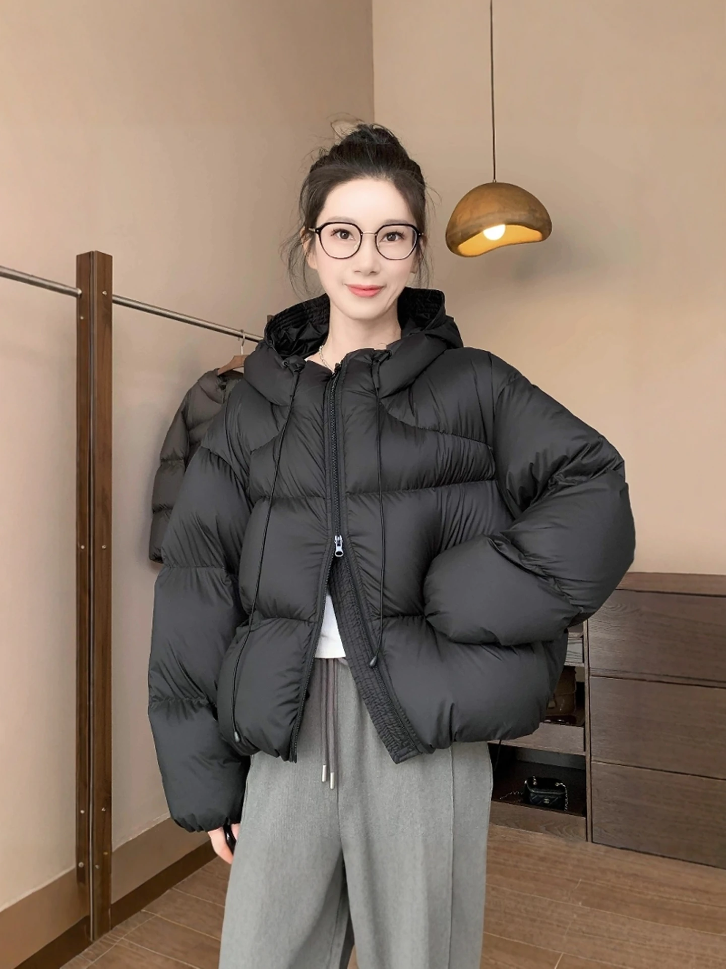 Women's Puffy Hooded down Jaet ort Thi Design Spring Autumn Winter Faion Bread Clothes Outerwear Casual Streetwear
