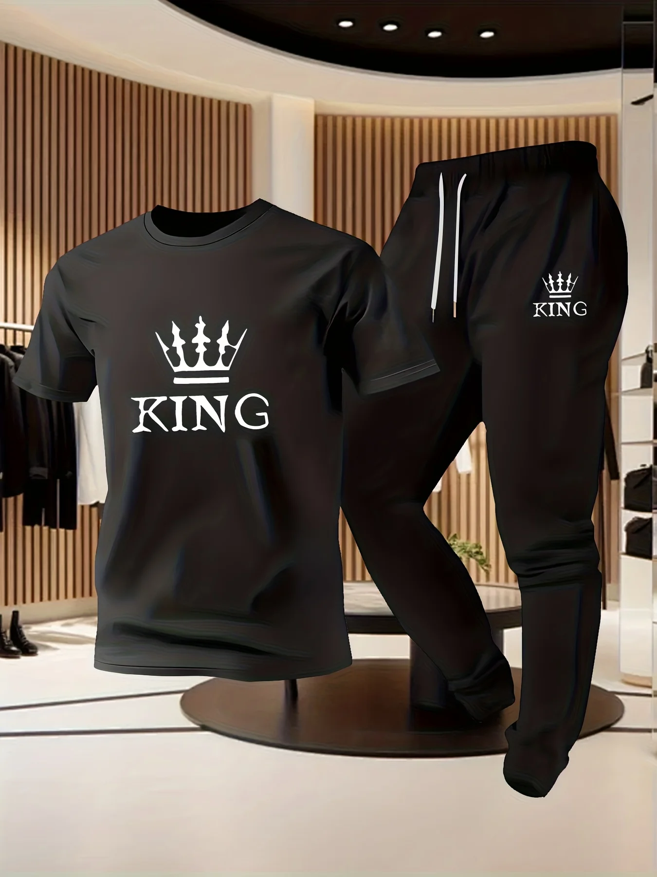 

Premium cotton round neck T-shirt and pants set for men summer casual wear with crown design T-Shirts Co-ords