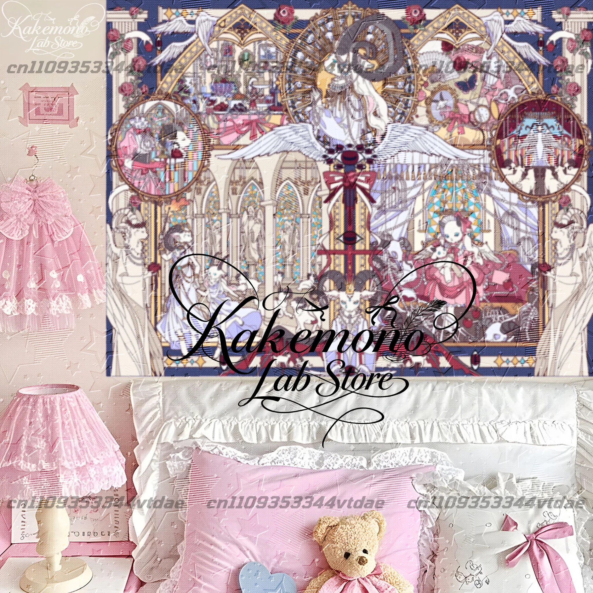 Sweet Lolita Bunny Dollhouse Tapestry, Pink Pastel Vintage Window Rabbit Art Wall Hanging Cute Kawaii Bedroom Decor