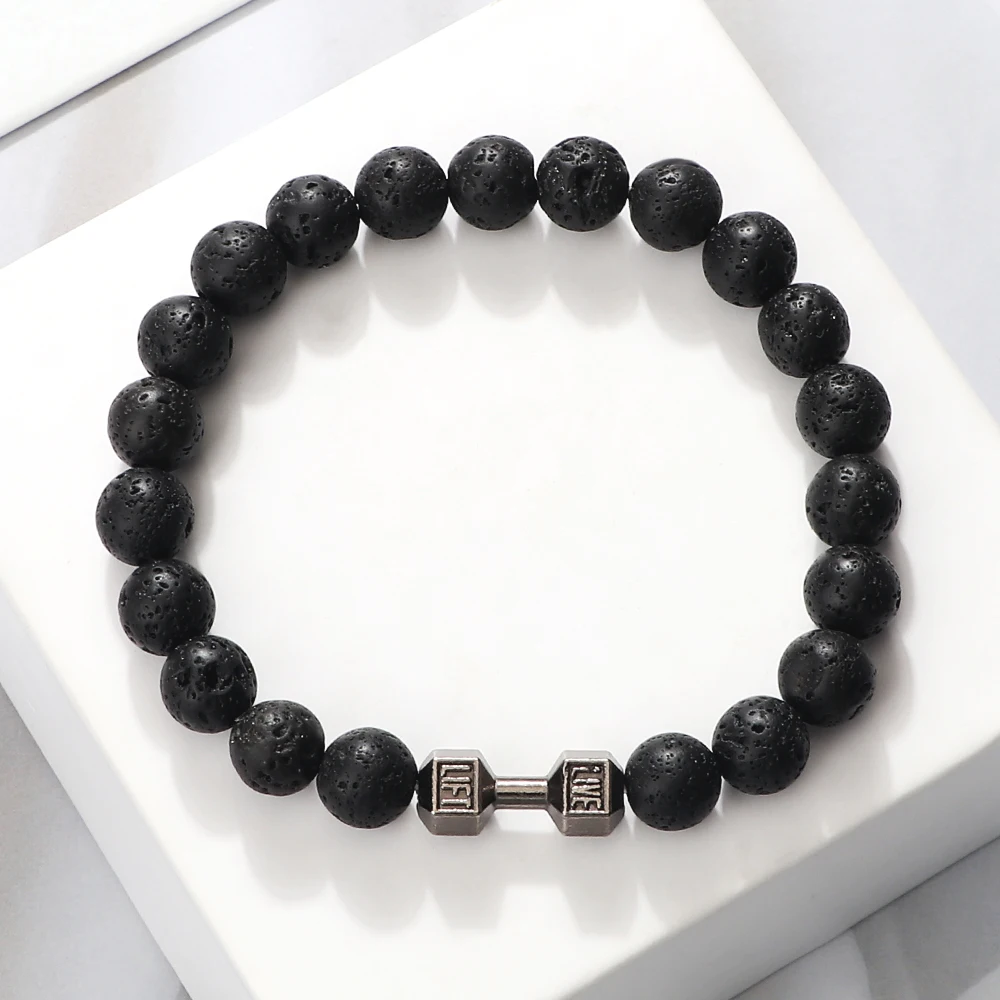 Hot Natural Stone Dumbbell Beaded Bracelet Black Lava Onyx Beads Fitness Fit Life Prayer Bracelets Bangles Barbell Men Jewelry