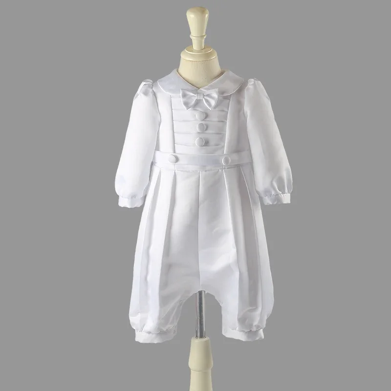 White Baby Boy Clothes Set Baptism Outfits Summer Solid Full Sleeve Bow Lace Christening Gown Newborn Gentleman Birthday