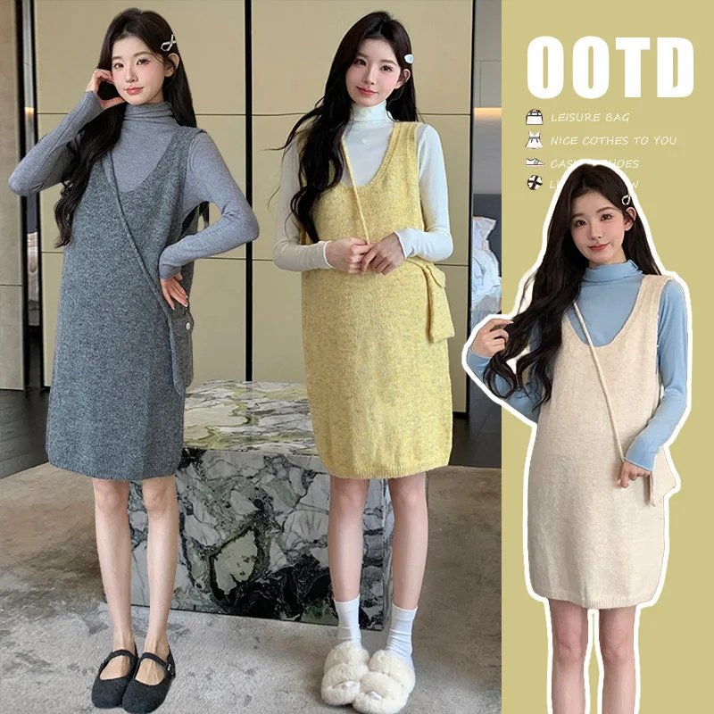 maternity-suit-autumn-new-style-elegant-fashion-versatile-turtleneck-sweater-and-vest-sweater-dress-with-bag-two-piece-set