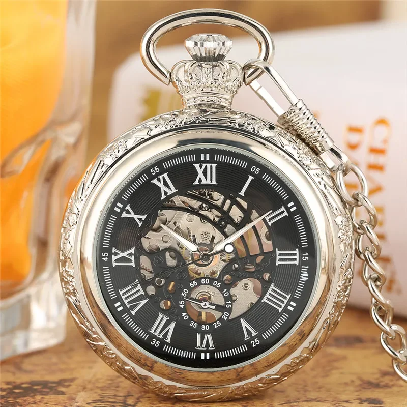 Vintage Roman Numerals Display Men Women Skeleton Mechanical Hand-Winding Pocket Watch Open Face Pendant FOB Clock Chain
