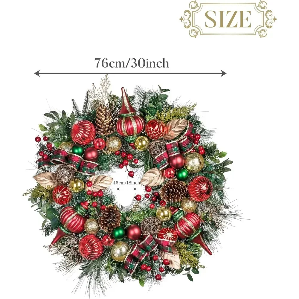 Christmas Wreath with Lights, 30 Inch Large Christmas Wreath with Lights Decorated with Red, Green Gold Christmas Balls Wreaths