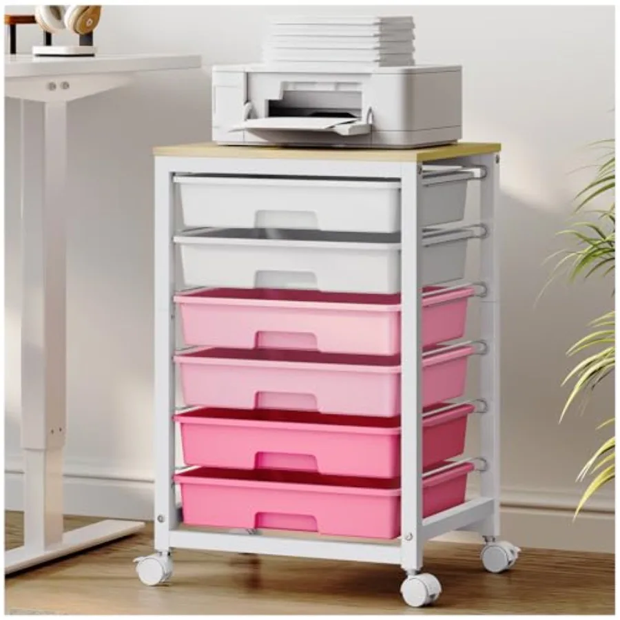

Utility Cart With 6 Drawers and Wooden Tabletop Storage Cart on Wheels for Office Classroom Bathroom Bedroom - Pink
