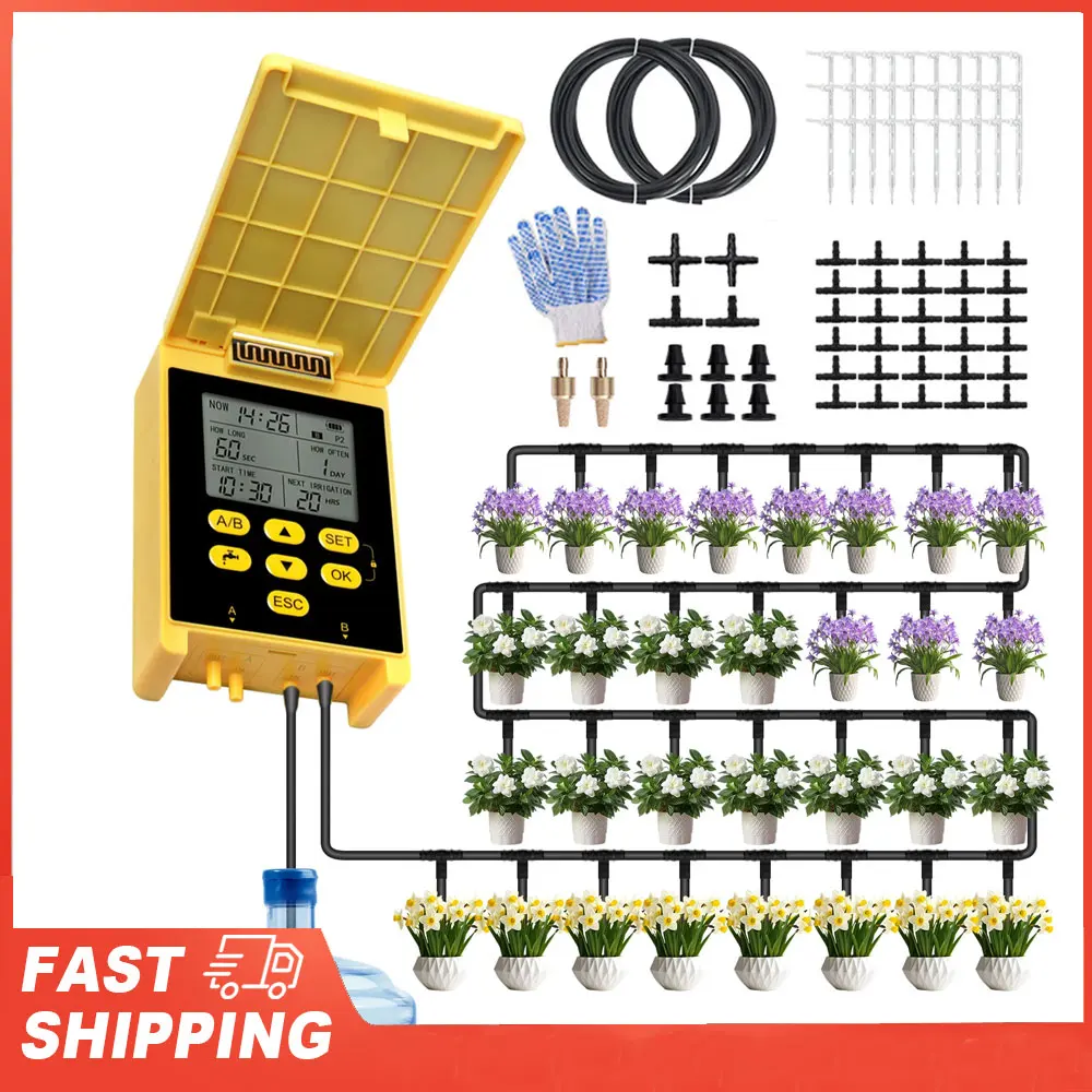 2 Group Automatic Watering Dual Pump Solar Drip Irrigation System Rain Sensing Child Lock Yellow Black