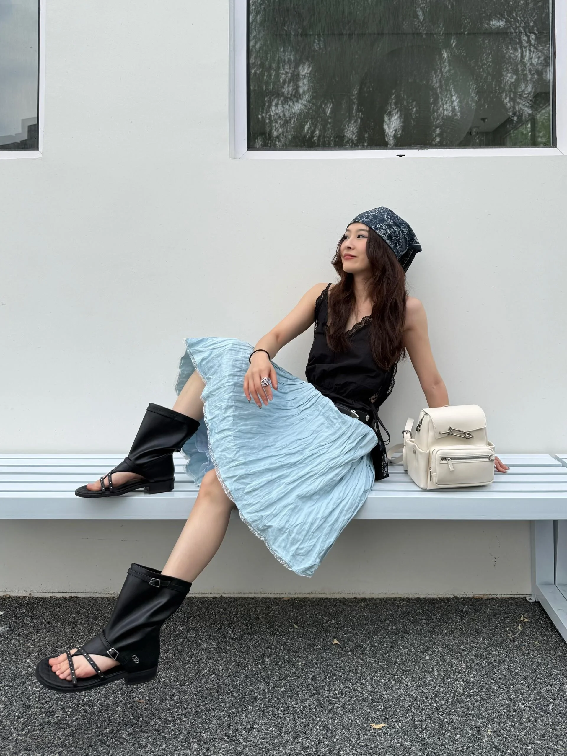 American Retro Free Form Pleated Midi Skirt Women's Spring Summer Blue Lace Splicing Low Waist Beautiful Umbrella Skirt