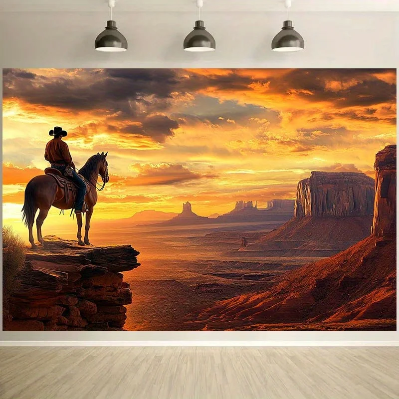 1 mural de atardecer del Salvaje Oeste: una silueta de vaquero campestre de la escena del Valle del Monumento, poliéster, decoración del hogar occidental