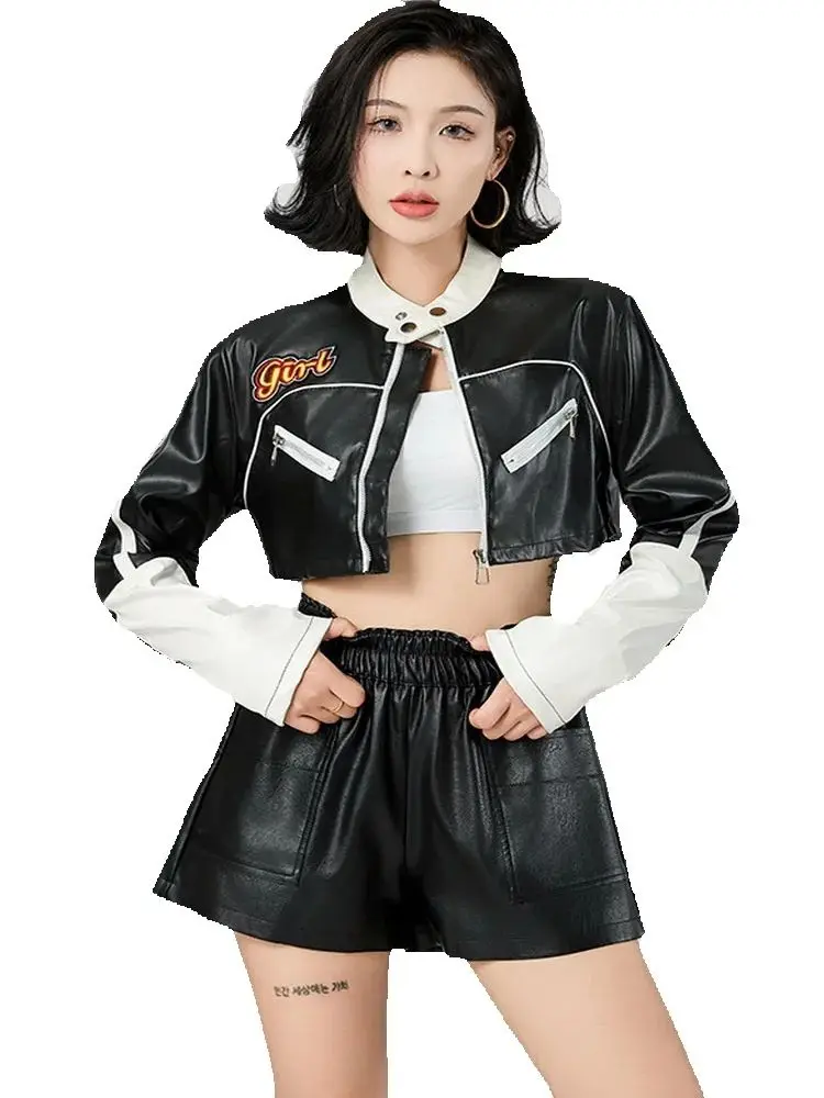 Jaqueta de couro feminina com emenda de cor contrastante jaqueta de couro PU, jaqueta de couro de motocicleta picante para meninas