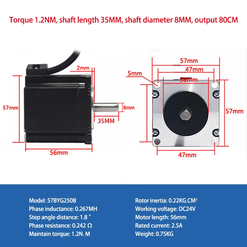 Nema23 محرك متدرج رمح قطر 8 مللي متر خط صادر 80 سنتيمتر 1.2N.m عزم دوران ثقيل محرك متين 57BYG250B