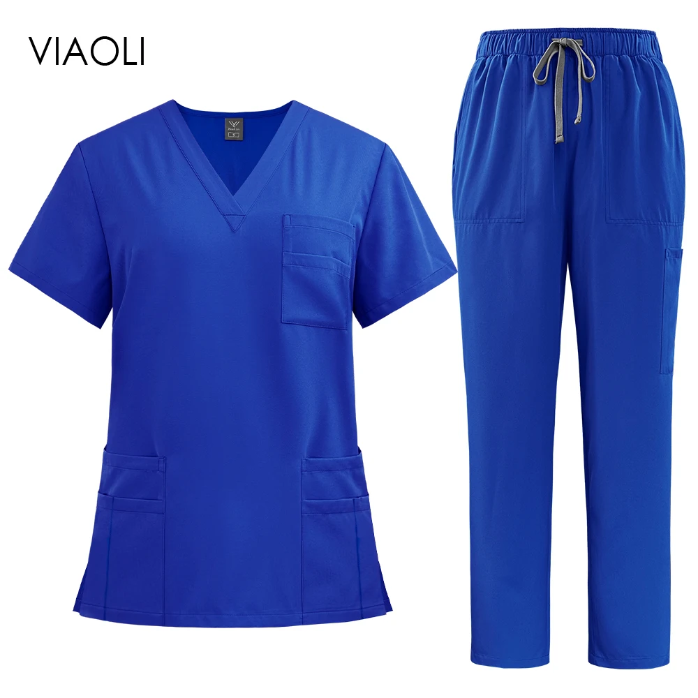 Top Scrub con scollo a V + Tasche per pantaloni dritti Set Scrub medico unisex Set Dottore Infermiere Abiti da lavoro infermieristici Negozio di animali Uniformi da laboratorio