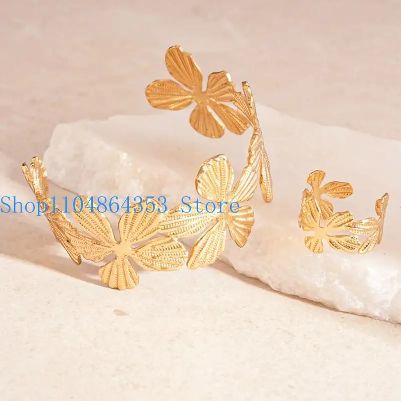 652F 2Pcs Elegant Floral Patterned Adjustable Bracelet Rings Combo Portable Jewelry Gift Ideas
