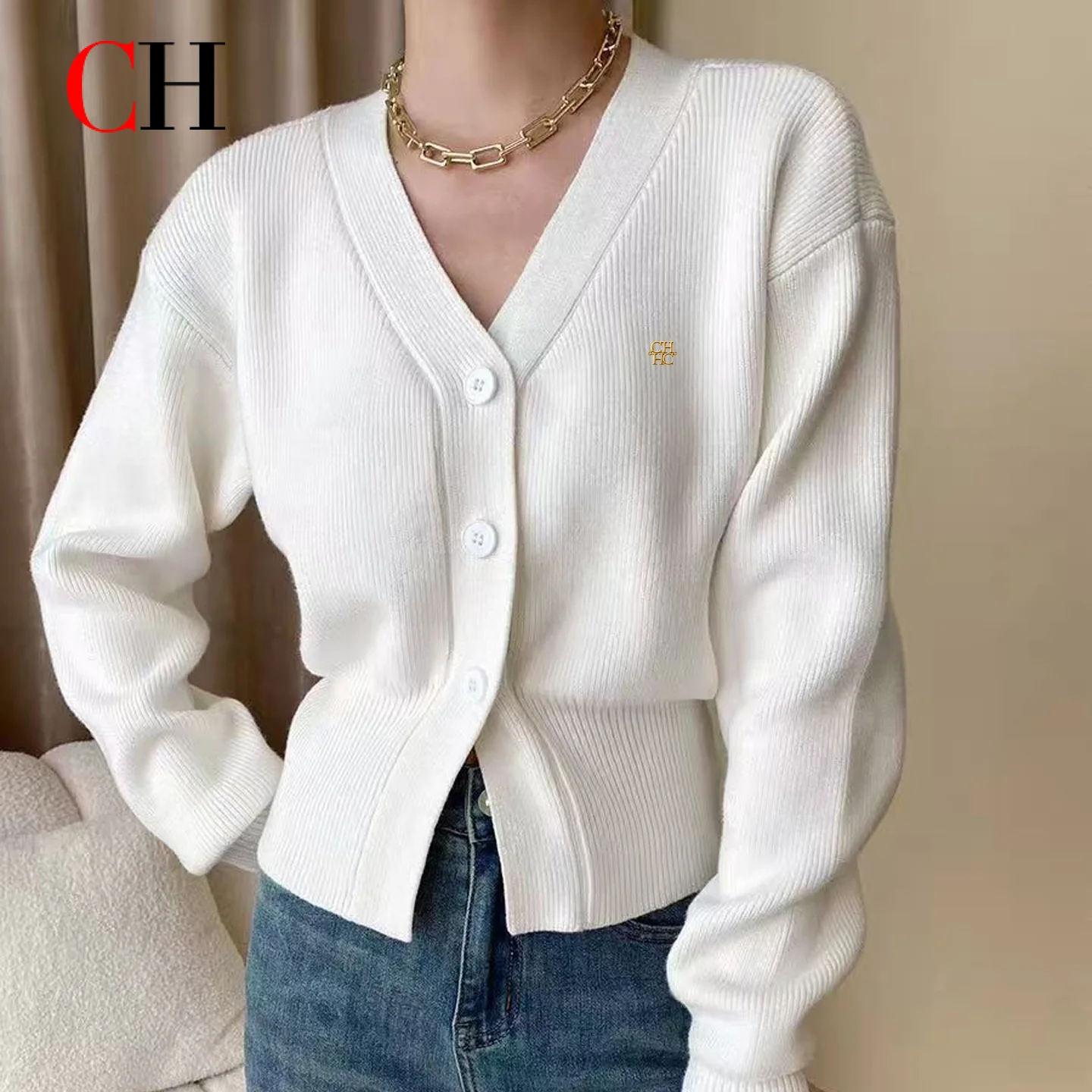 CH Women's White Ribbed Knit Cardigan V Neck Button Up Long Sleeve Slim Fit Cropped Sweater Elegant Casual Fall Outfit