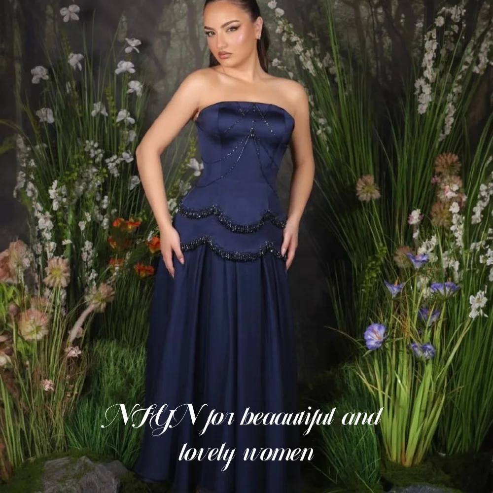 

NFYN Royal Blue Long Stain Party Dress A Line Strapless Night Dresses Pleat Evening Gown with Beadings Sweep Train Customized