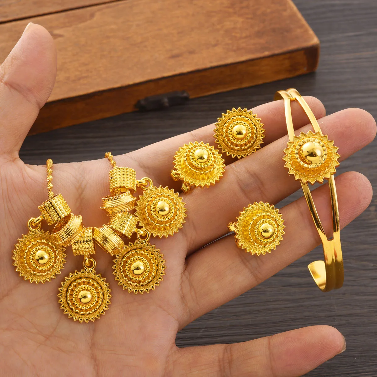 Ethiopian Classics Jewelry sets Pendant Earrings Bangle Ring 4-Piece Sets African Eritrean Wedding Engagement Ethnic Gifts #077