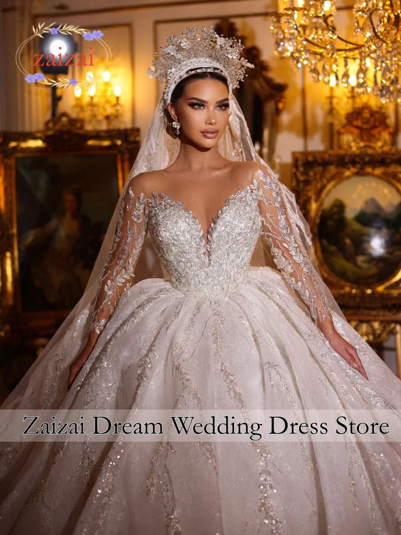 Customized Glitter Beading Pearls Embroidery Wedding Dress Lace Illusion Neck Princess Bridal gown Amanda Novias Official