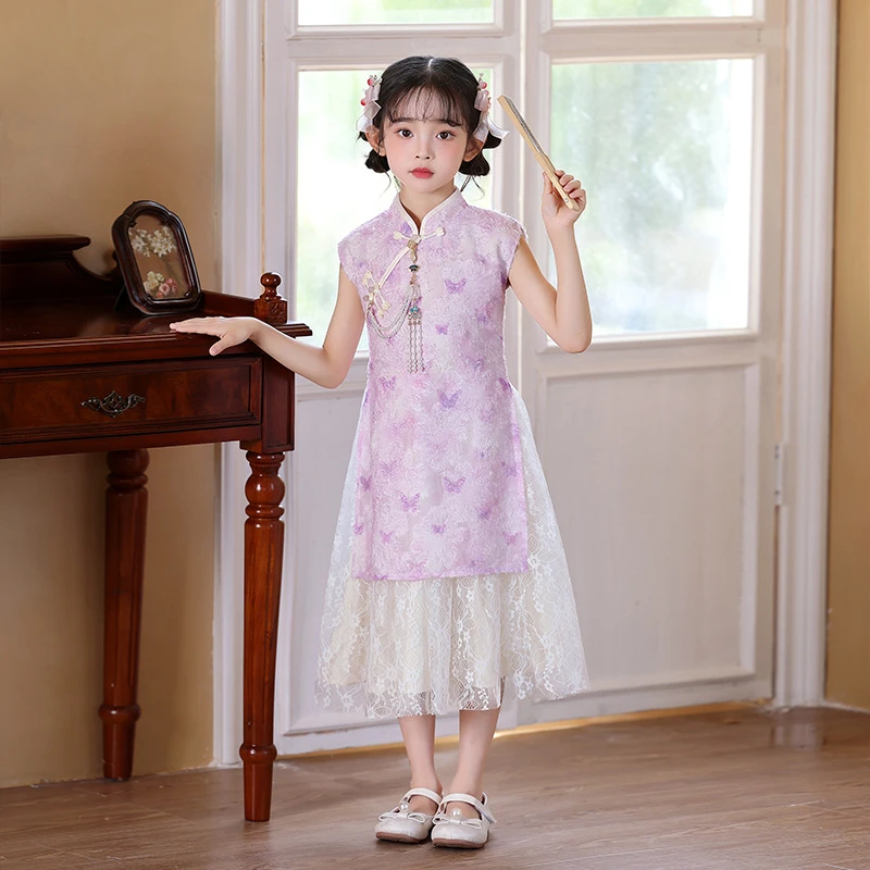 2025 Summer New Chinese Cheongsam Skirt Lovely Princess Party Dresses Qipao Girls Costumes Kids Birthday Gift New Year Clothes