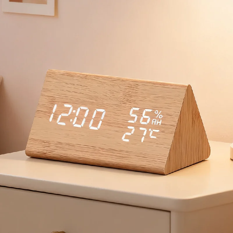 Silent Wooden LED Alarm Clock With Thermometer & Hygrometer For Bedrooms Clock Living Room Decoration Clock
