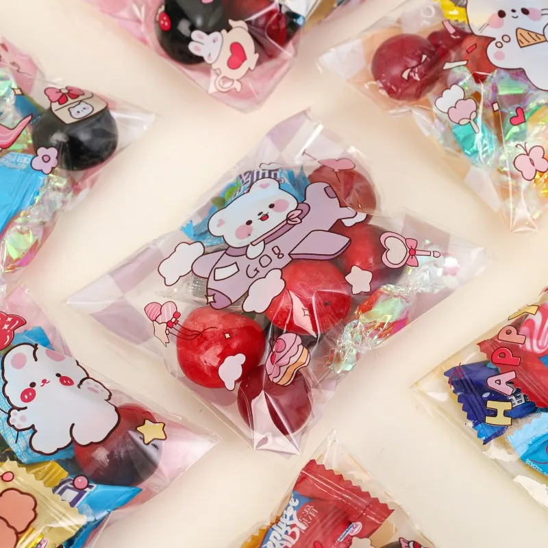 Transparent Self-sealing Bag Cute Little Bear And Bunny Printed Cartoon Bag Party Birthday Event Party Meal Gift Decoration Pack