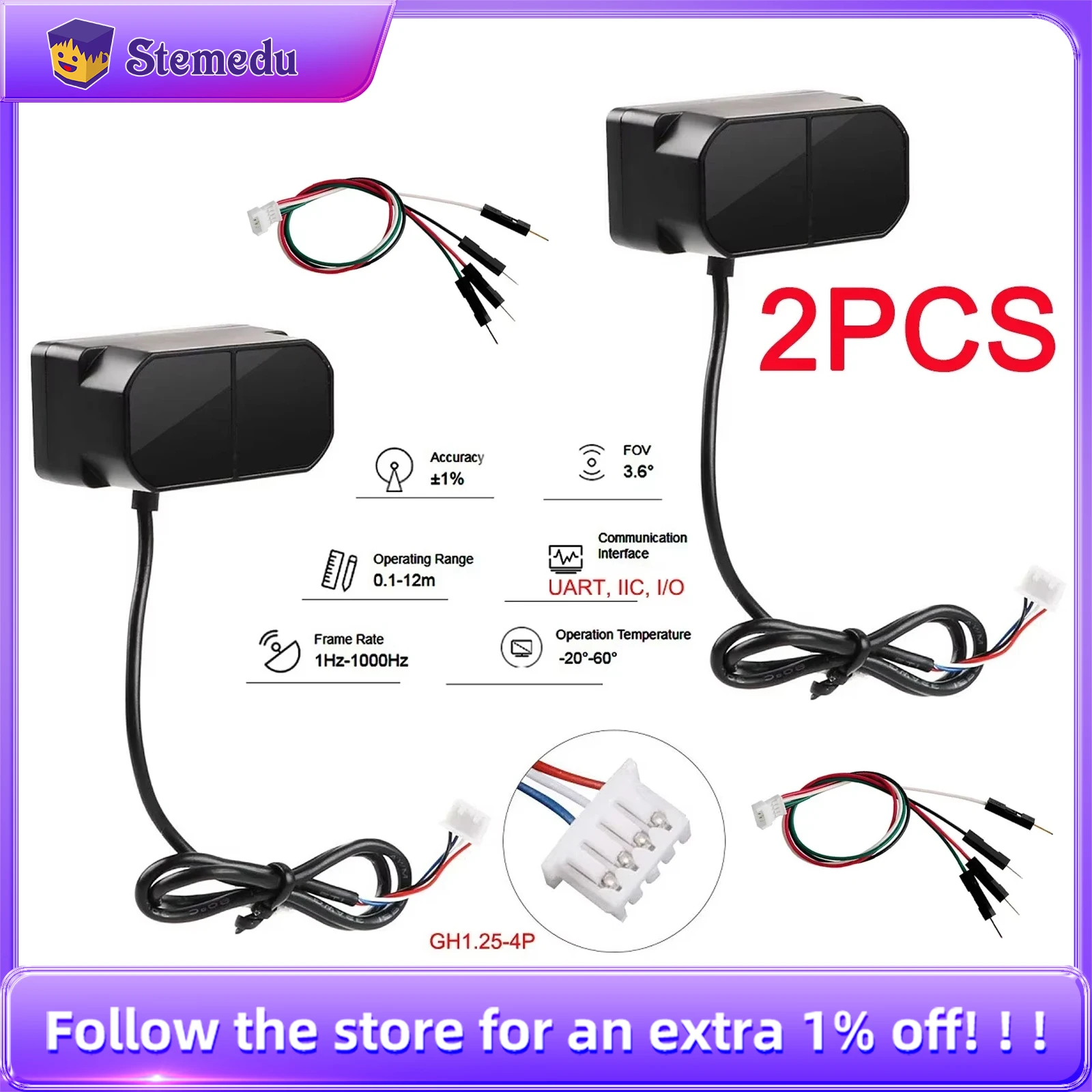 

2 шт. Модуль Benewake TFmini Plus LiDAR IP65 Микро одноточечный TOF лидарный датчик на короткое расстояние, совместимый с вводом/выводом UART IIC