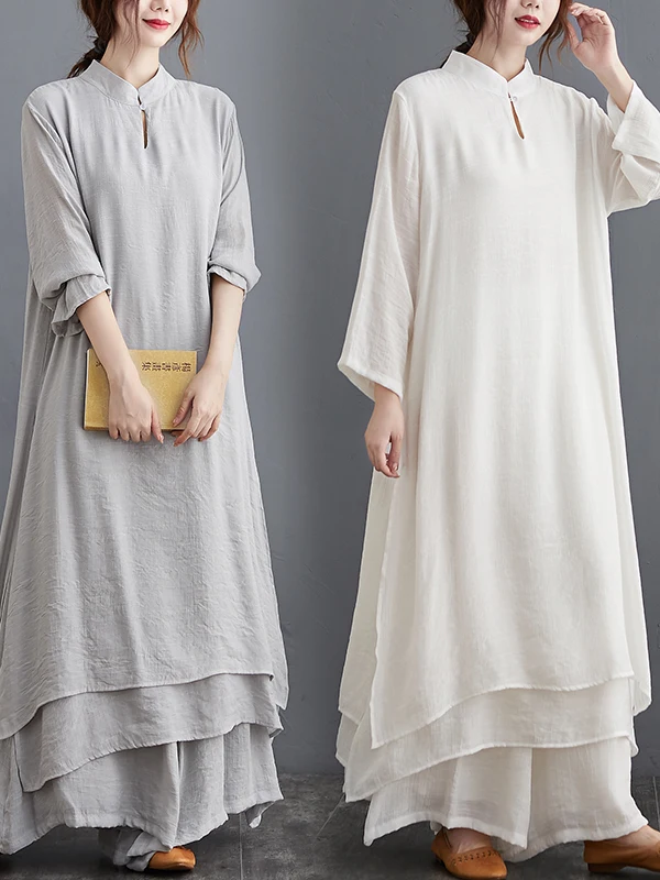 

Casual Artistic Yoga Tea Ceremony Set Women's Simple Faion Pure Color Two-Piece Set High Waist Long Pants Midi Dr