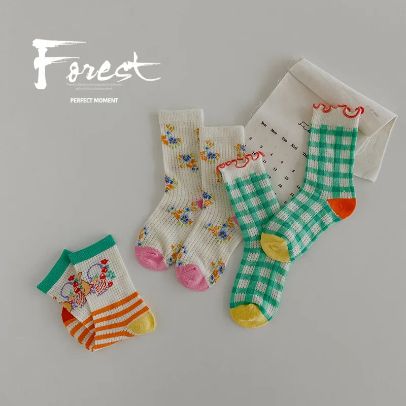 Summer Thin Socks Kids Girls Fancy Lace Floral Bunny Socks Baby Toddlers Mid Calf Length Mesh Socks