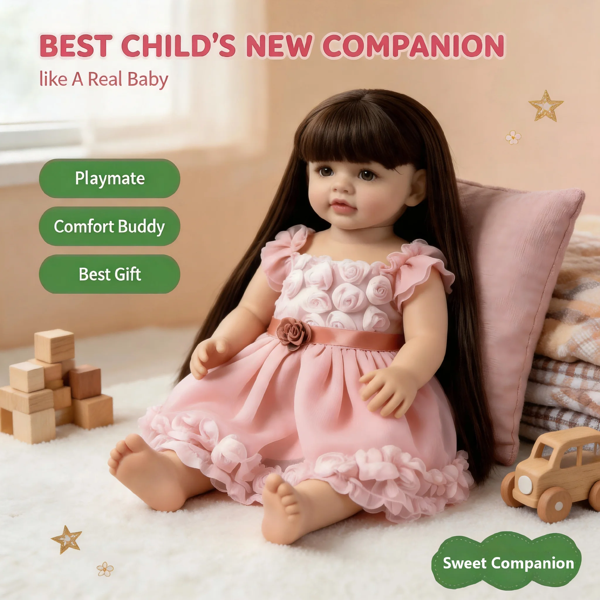 22 Inch Reborn Baby Doll Long Straight Hair Pink Rose Dress Realistic Toddler Doll Girls Gift Lifelike Collectible Doll