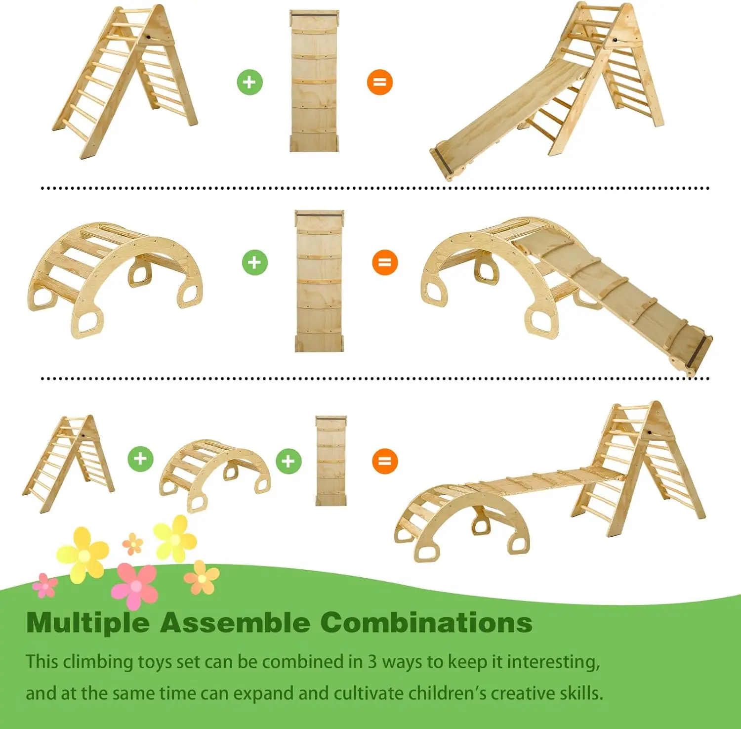 Ensemble de triangles Pikler 7 en 1, échelle triangulaire pliable avec rampe et bascule en arc, rampe en bois 514 pour l'escalade intérieure des tout-petits