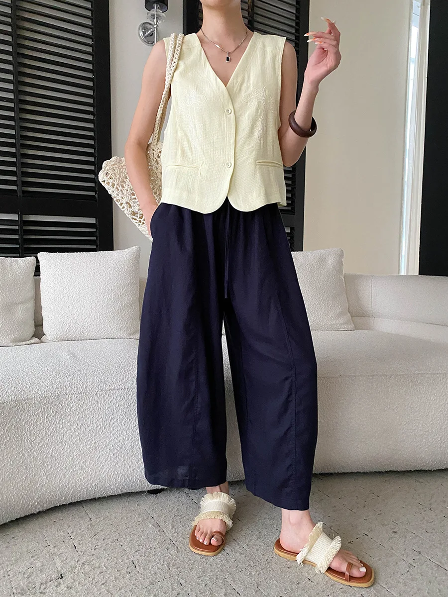 Sommerliche High-Waist-Hose mit weitem Bein für Damen, lässige, einfarbige, locker sitzende Hose – Detail 12