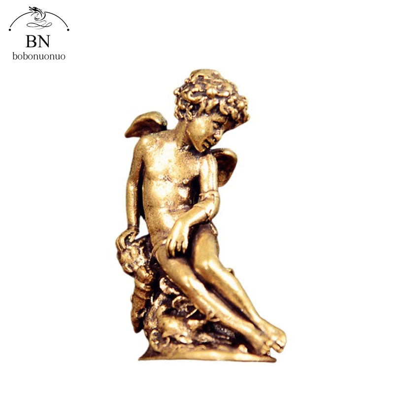 Retro Copper God of Love Cupid Statue Small Ornaments Brass Angel Figurines Desktop Decorations Home Decor Accessories for Room