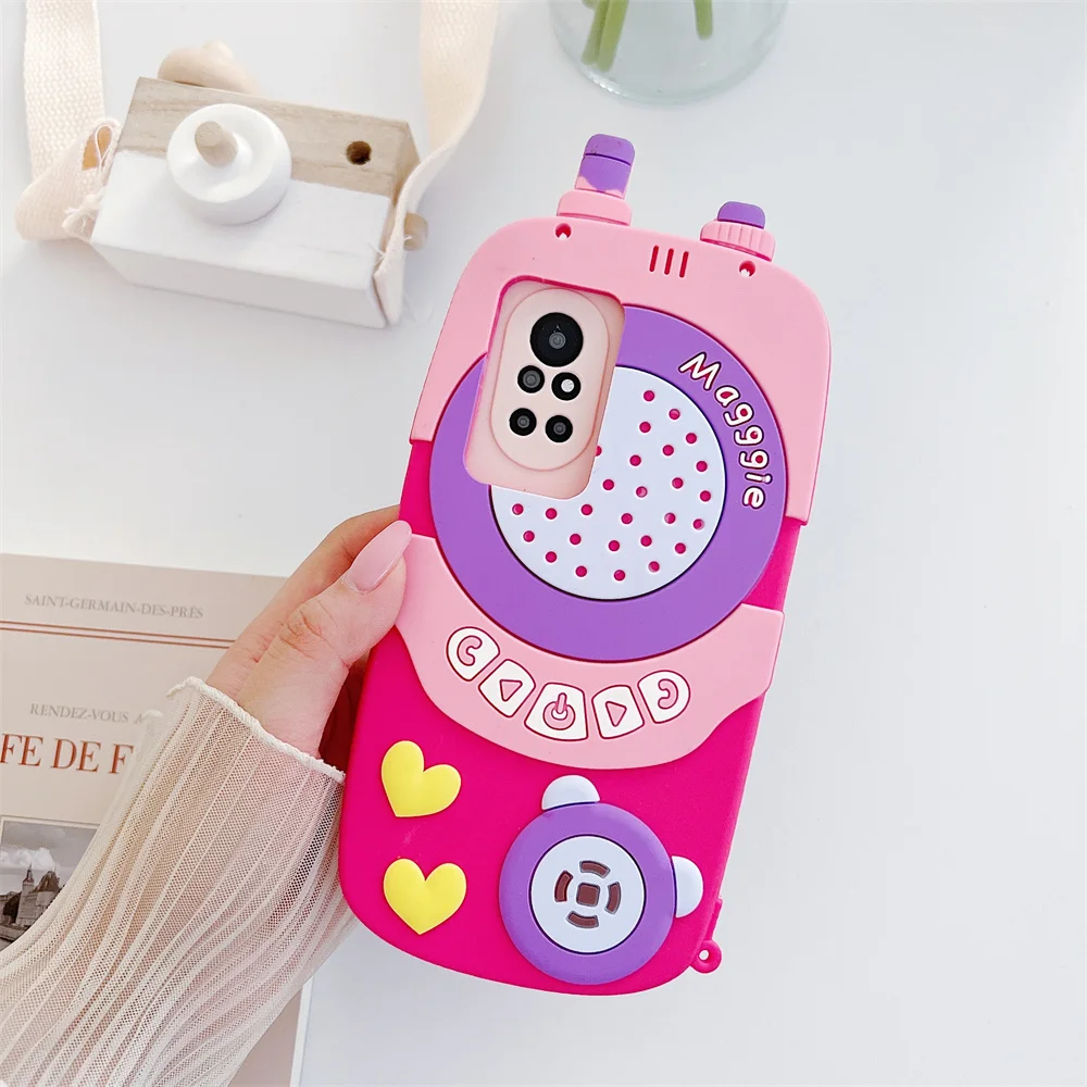Kawaii Y2K Retro Walkie Talkie Phone Chain Case for 17 Pro Max Crossbody Strap 3D Silicone Protective Cover for iPhone 16 15 14