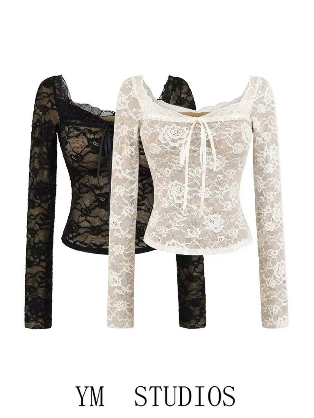 French Style Pure Desire Lace Shirt Women's Short Sleeve Long Sleeve Low Cut Shoulder Pad Base Shirt Spring 2026 Floral Pattern