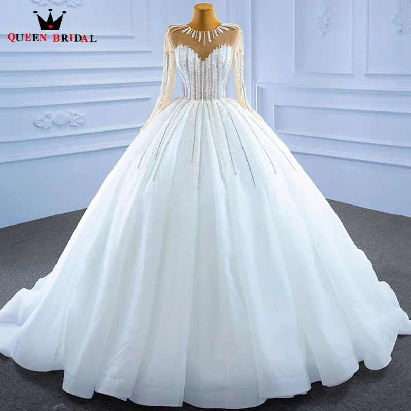 

Wedding Dress Luxury 2023 Illusion Long Sleeves O-Neck Bridal Gown Beading Crystal Sequined Lace Up Bride dresses Customize XX26