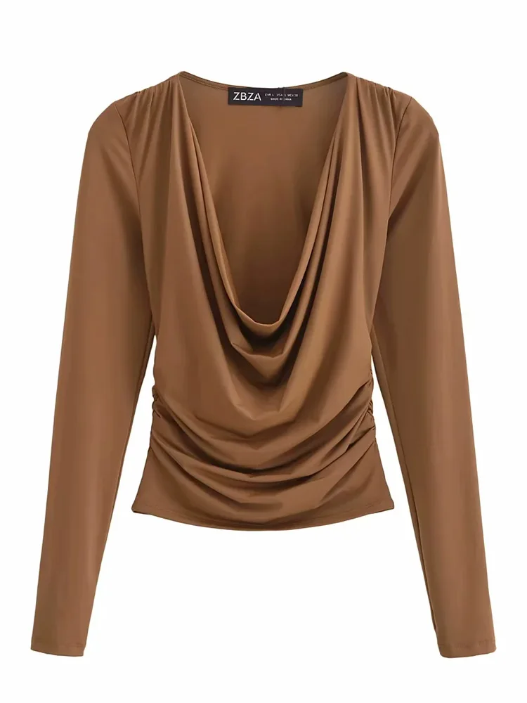 KAOPU ZA Women polyamide draped top vintage v-neck long sleeves female pullover chic tops