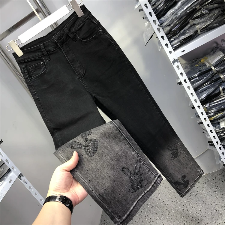 

Gradient Black Grey Bunny Hot Drilling Women Denim Pants All-match Stretch High Waist Straight Jeans Ankle-length Long Trousers