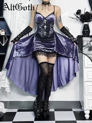 AltGoth Fairycore Gothic Purple Dress Women Vintage Elegant Lace Patchwork Cross High Waist Corset Dress Evening Partywear Femme