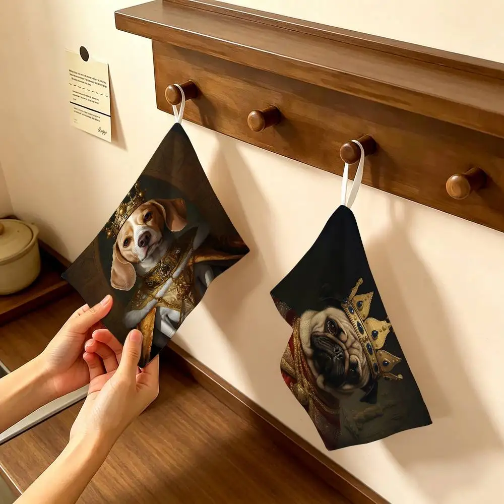 D-Dog-King-Royal-Animal Polyester Cotton Hand Wiping Towel, Anti-shrink Hanging Kitchen Cloth for Household Cleaning