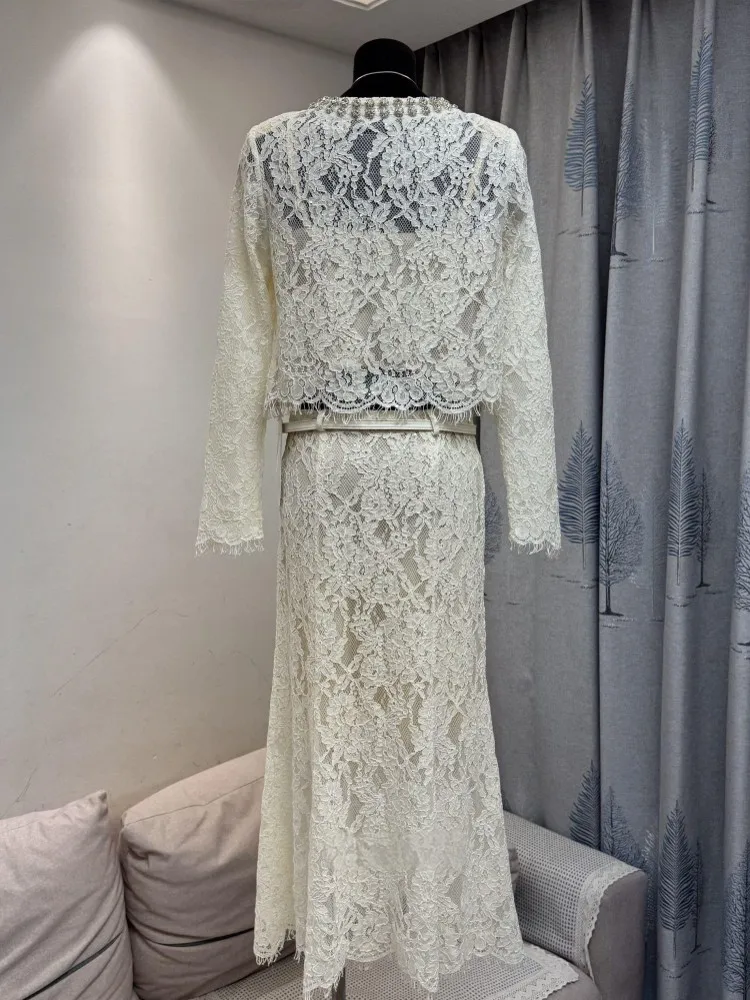 Elegant Women Sequined Diamonds O Neck Lace Tops Cardigan Straps Fish Tail Skirt Three Piece Set Lady High Waist Long Skirt Sets
