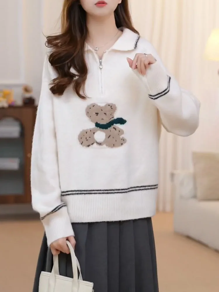 

Милый вязаный свитер с мультяшным принтом, воротником-стойкой, утягивающий, с цветочным узором, больших размеров, женский, модный, в корейском стиле