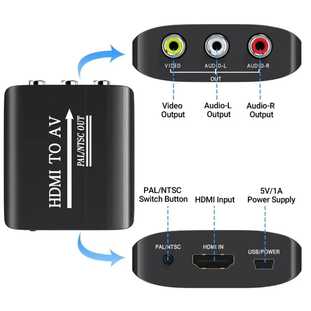 Compatível com HDMI para RCA AV Composite Converter, adaptador de áudio e vídeo, HDMI2AV com cabo USB para HD TV BOX, 1080p