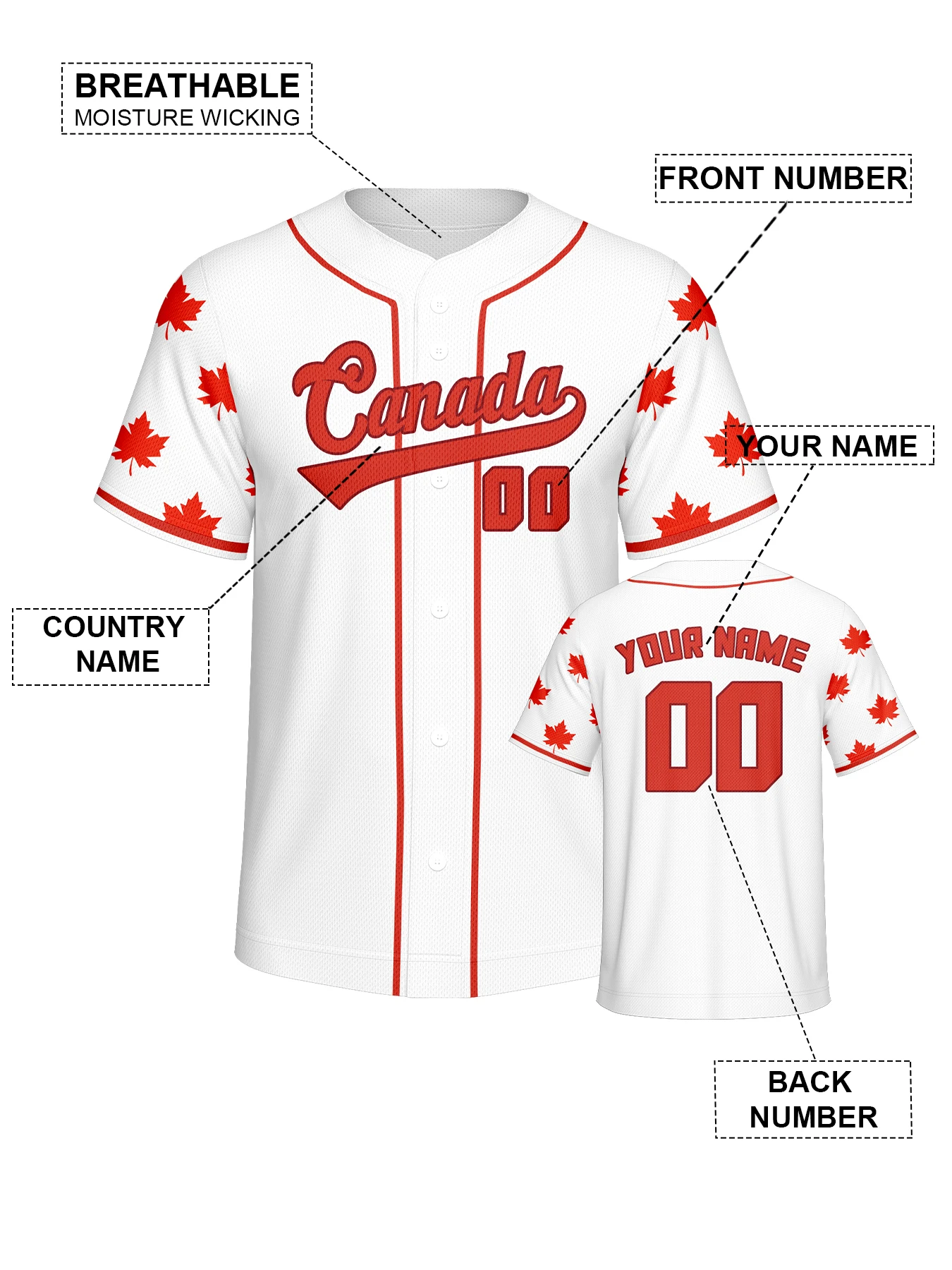 Personalized Canada Baseball Jersey Custom Name Number Flag Inspired Button Down Baseball Shirt Sportwear for Men