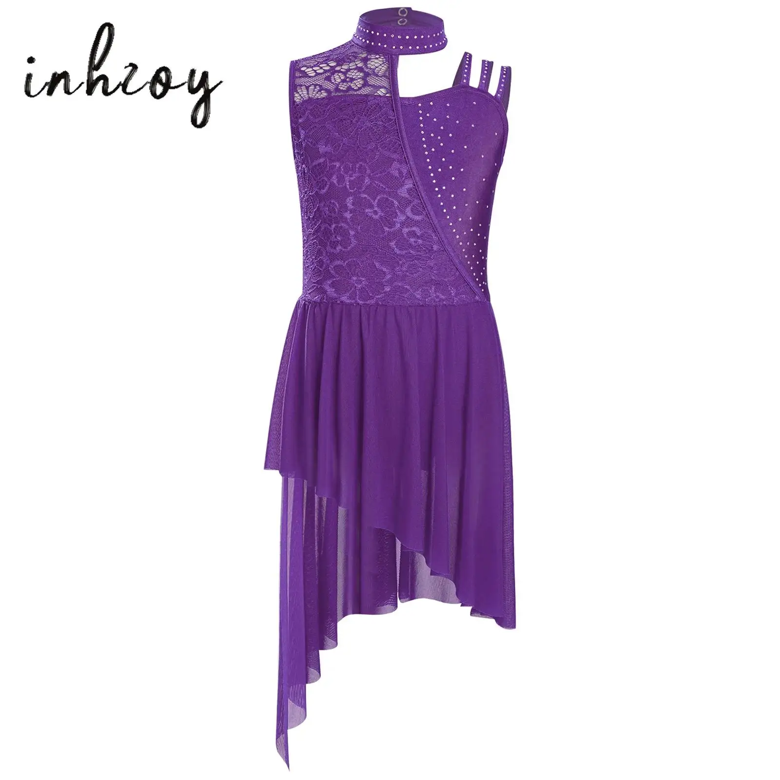 

Gymnastics Girls Lyrical Ballet Leotard Dress Sleeveless Rhinestones Adorned Irregular Hem Ballet Dress for Figure Skating Show