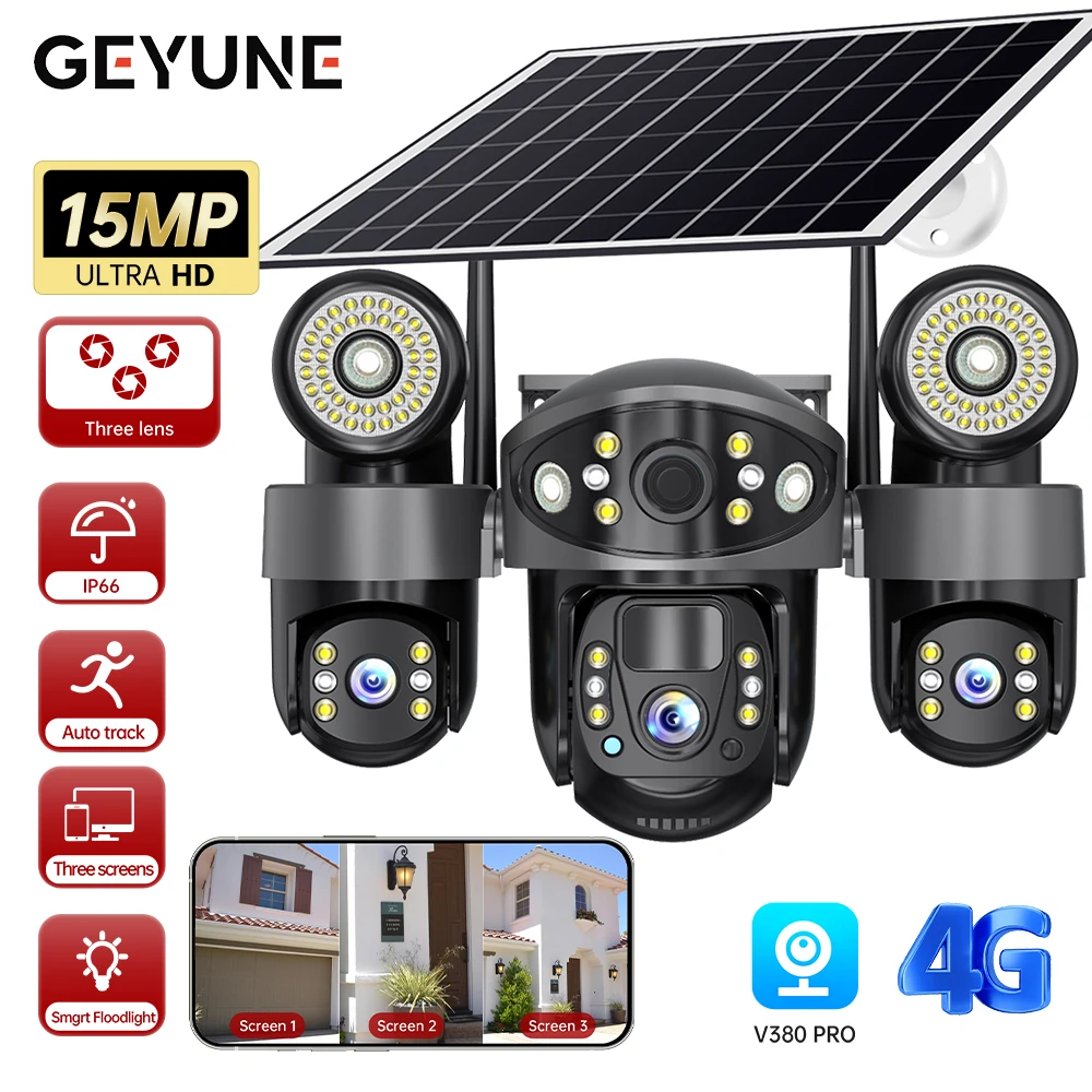 V380 Solar Camera 4G Sim Card Outdoor 3 Lens 3 Screen 10X Zoom PTZ Cameras Street Light HD Night Vision CCTV Security Protection